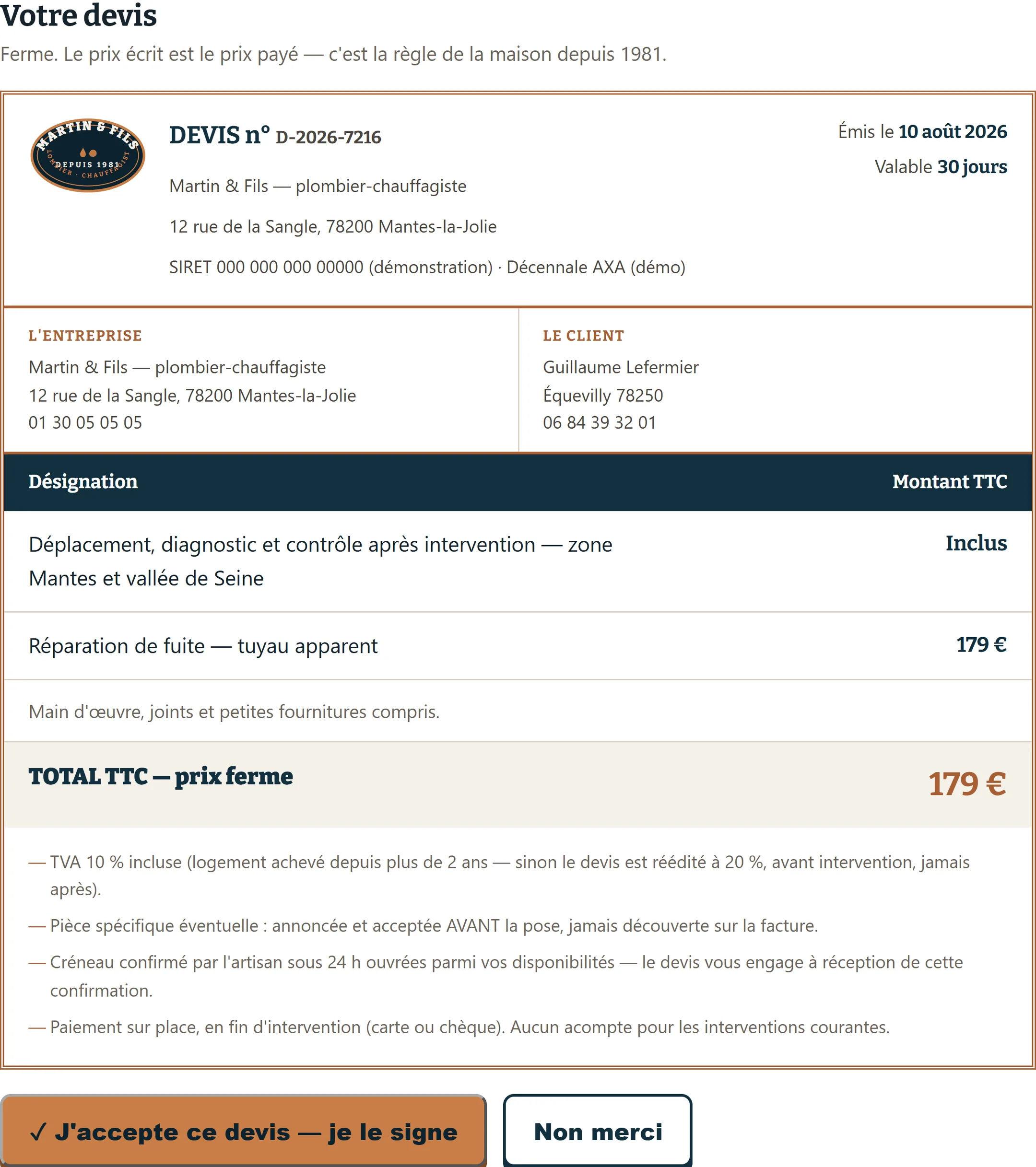 Le devis produit par la machine : numéro, identité du prestataire et du client, détail chiffré, total ferme et bouton de signature