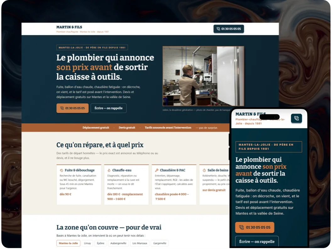 Le site Essentiel de Martin & Fils, plombier fictif — vu sur ordinateur et sur téléphone