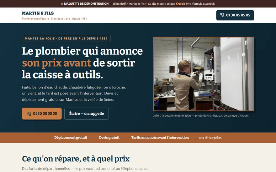 Maquette du site Essentiel — plombier fictif Martin & Fils