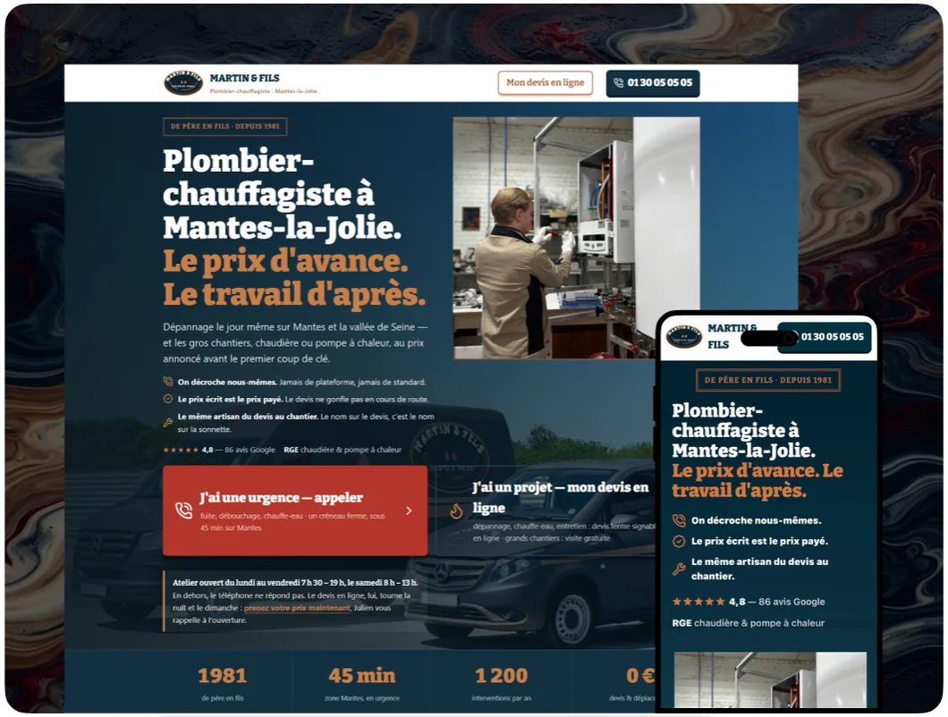 Le site Pro de Martin & Fils, plombier fictif — vu sur ordinateur et sur téléphone