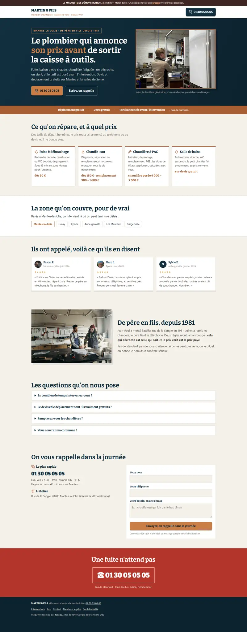 Le site Essentiel de Martin & Fils, plombier fictif, sur un écran d'ordinateur