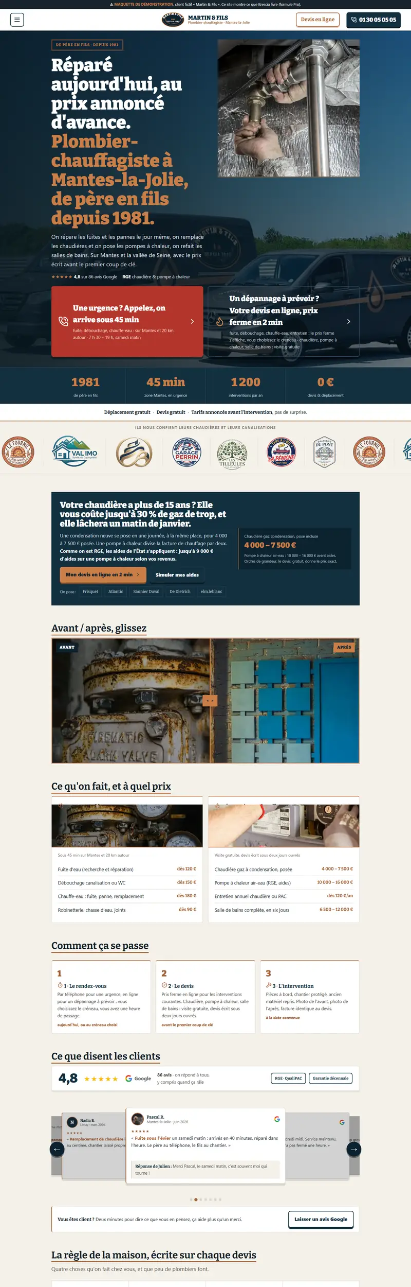 Le site Pro de Martin & Fils, plombier fictif, sur un écran d'ordinateur