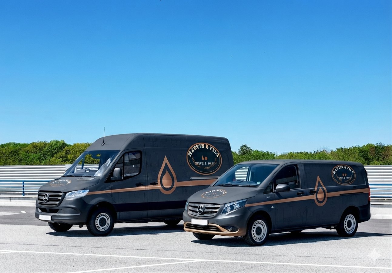 Les deux camionnettes floquées Martin & Fils, garées devant l'atelier